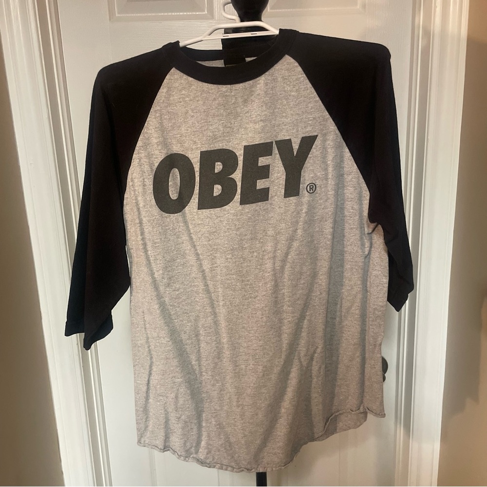 Obey Black and Gray Logo Raglan Tee